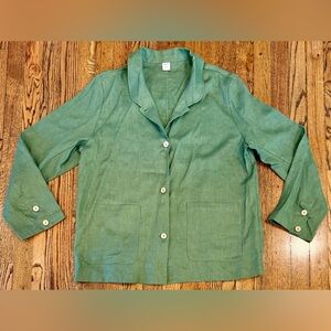 Lintico LYDIA 100% Linen Peter Pan Collar Patch Pocket Shirt Jacket Green XL